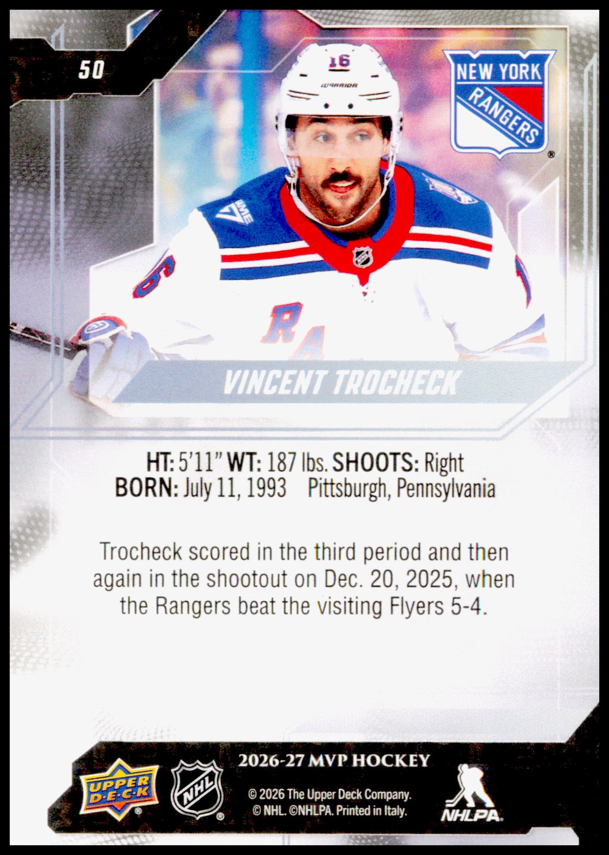 2026-27 Upper Deck MVP Vincent Trocheck Card New York Rangers