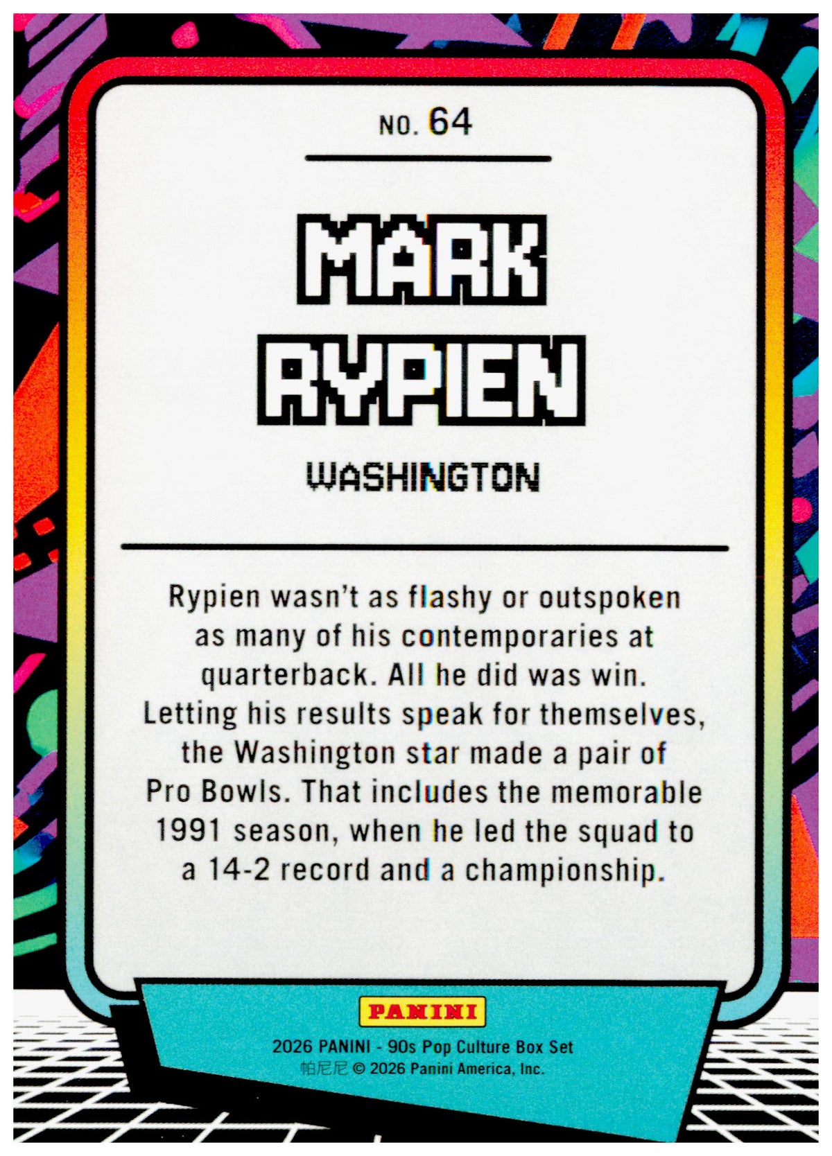 2026 Panini Decades 90s Pop Culture Mark Rypien Card Washington Redskins