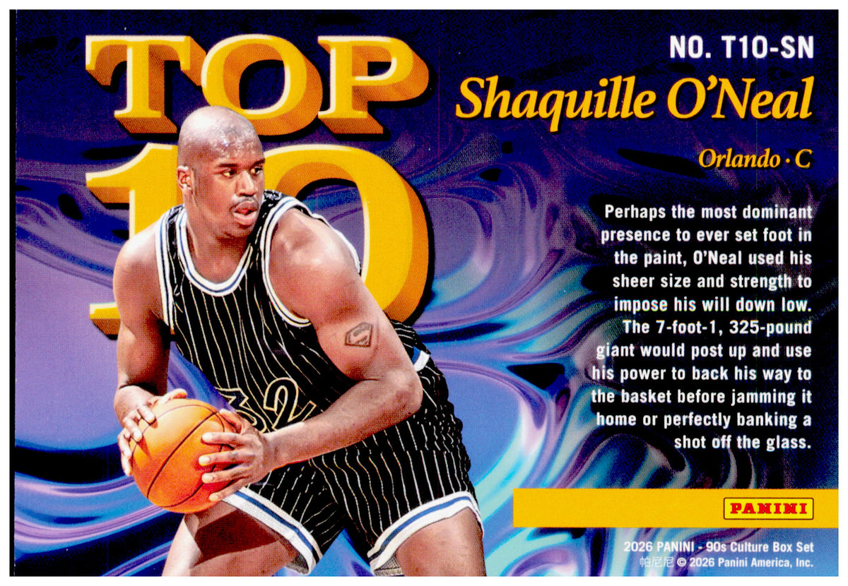 2026 Panini Decades 90s Pop Culture Shaquille O'Neal Card Top 10 Orlando Magic