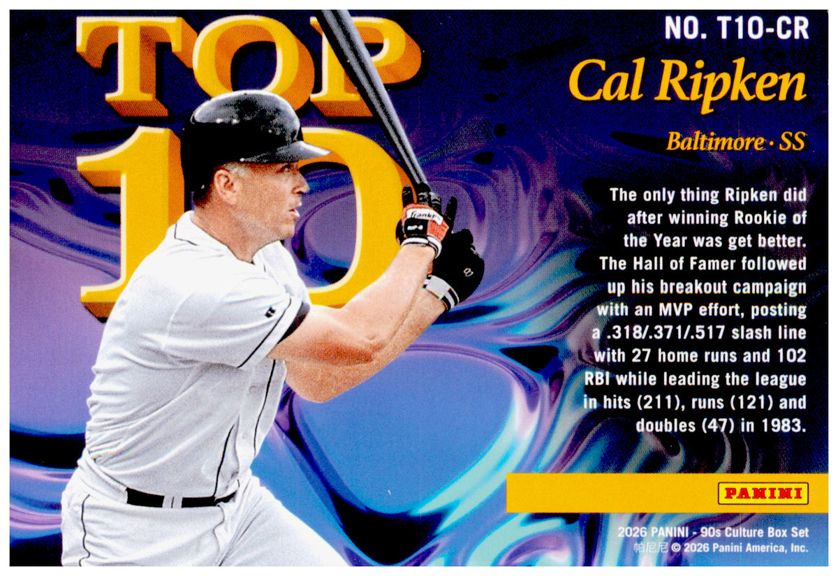 2026 Panini Decades 90s Pop Culture Cal Ripken Card Top 10 Baltimore Orioles