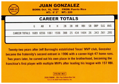 2026 Panini Decades 90s Pop Culture Juan Gonzalez Card Award Winners