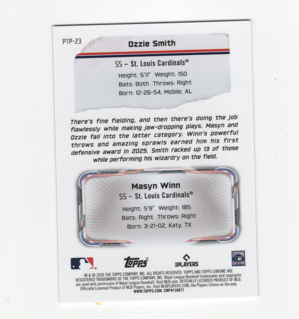 2026 Topps Chrome Ozzie Smith / Masyn Winn Card Past to Present