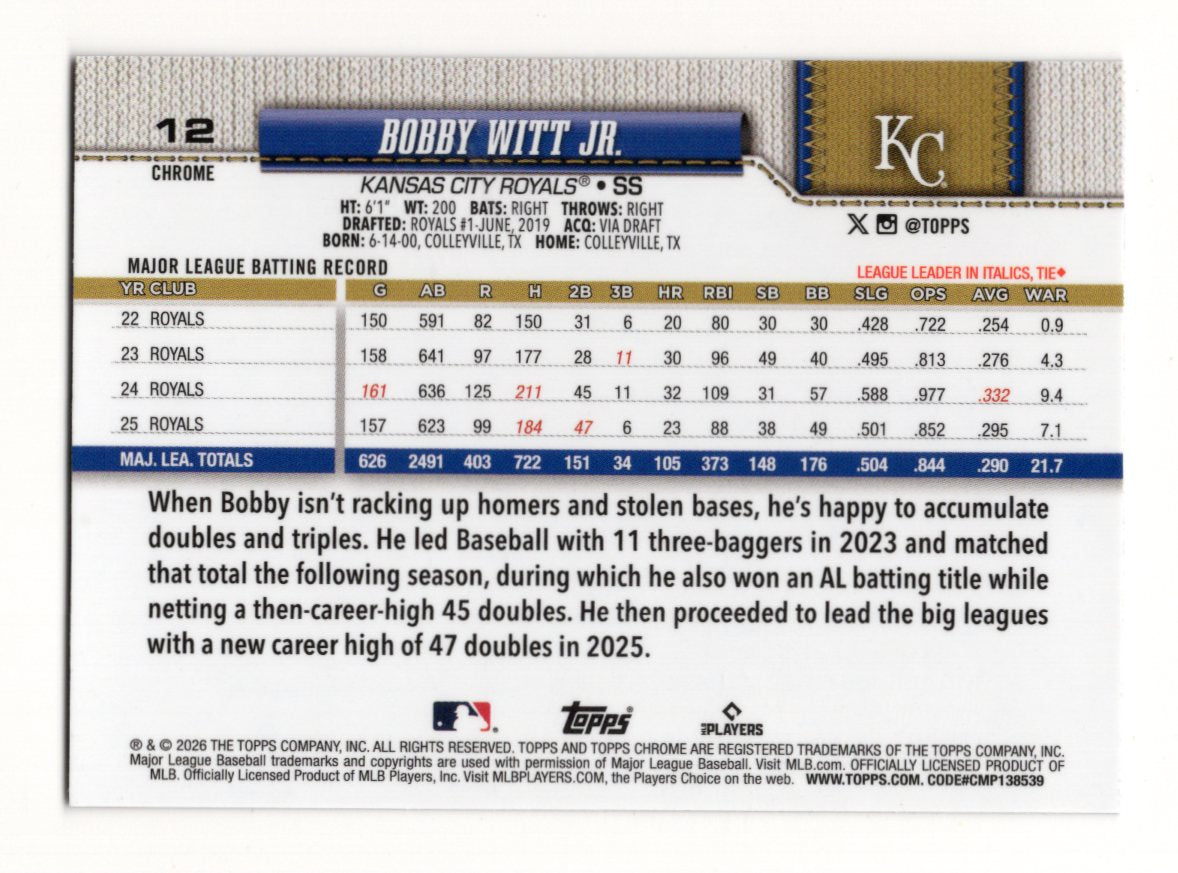 2026 Topps Chrome Bobby Witt Jr. Card Baseball Seams Refractors  Royals