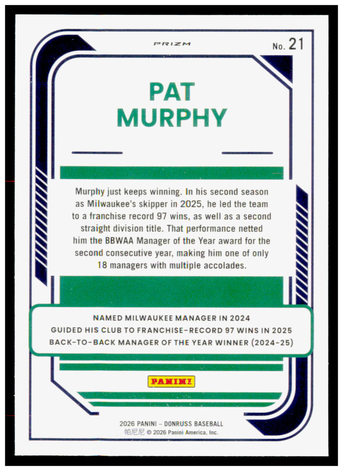 2026 Donruss Pat Murphy Card Optic Circles Milwaukee Brewers