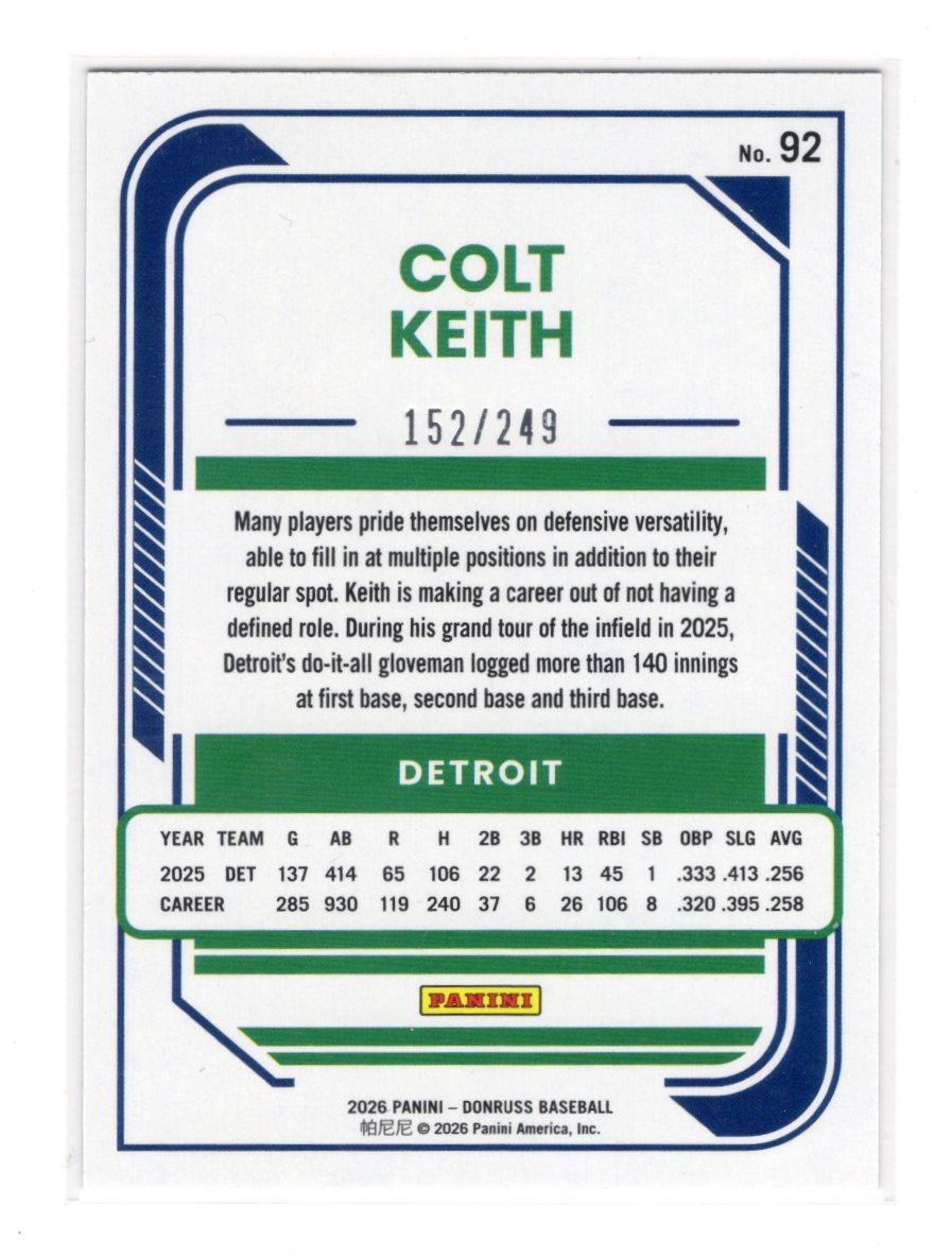 2026 Donruss Colt Keith Card Carolina Blue Laser SN Detroit Tigers