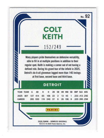 2026 Donruss Colt Keith Card Carolina Blue Laser SN Detroit Tigers