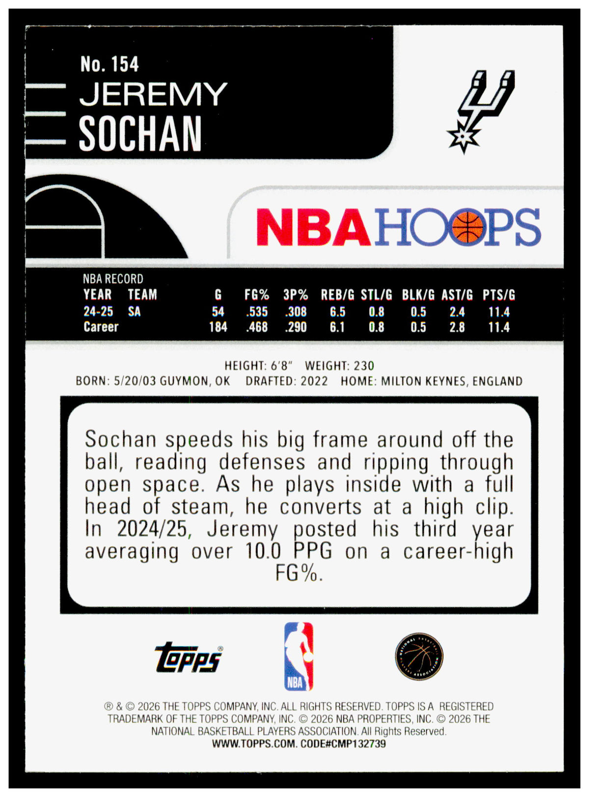 2025-26 Hoops Jeremy Sochan Card San Antonio Spurs