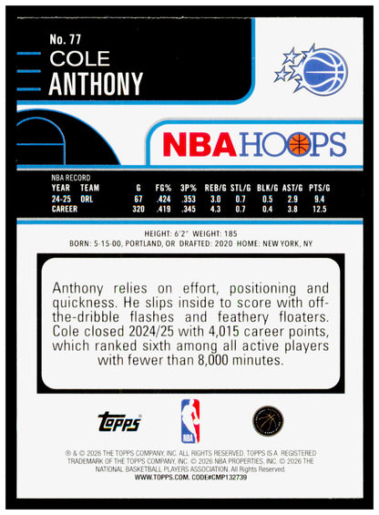 2025-26 Hoops Cole Anthony Card Orlando Magic