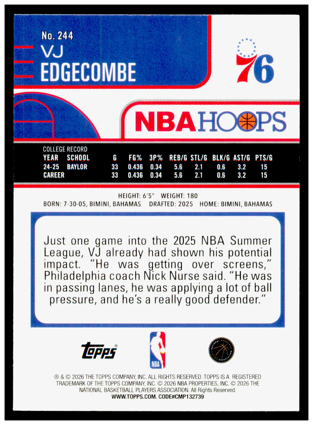 2025-26 Hoops VJ Edgecombe Card RC Philadelphia 76ers