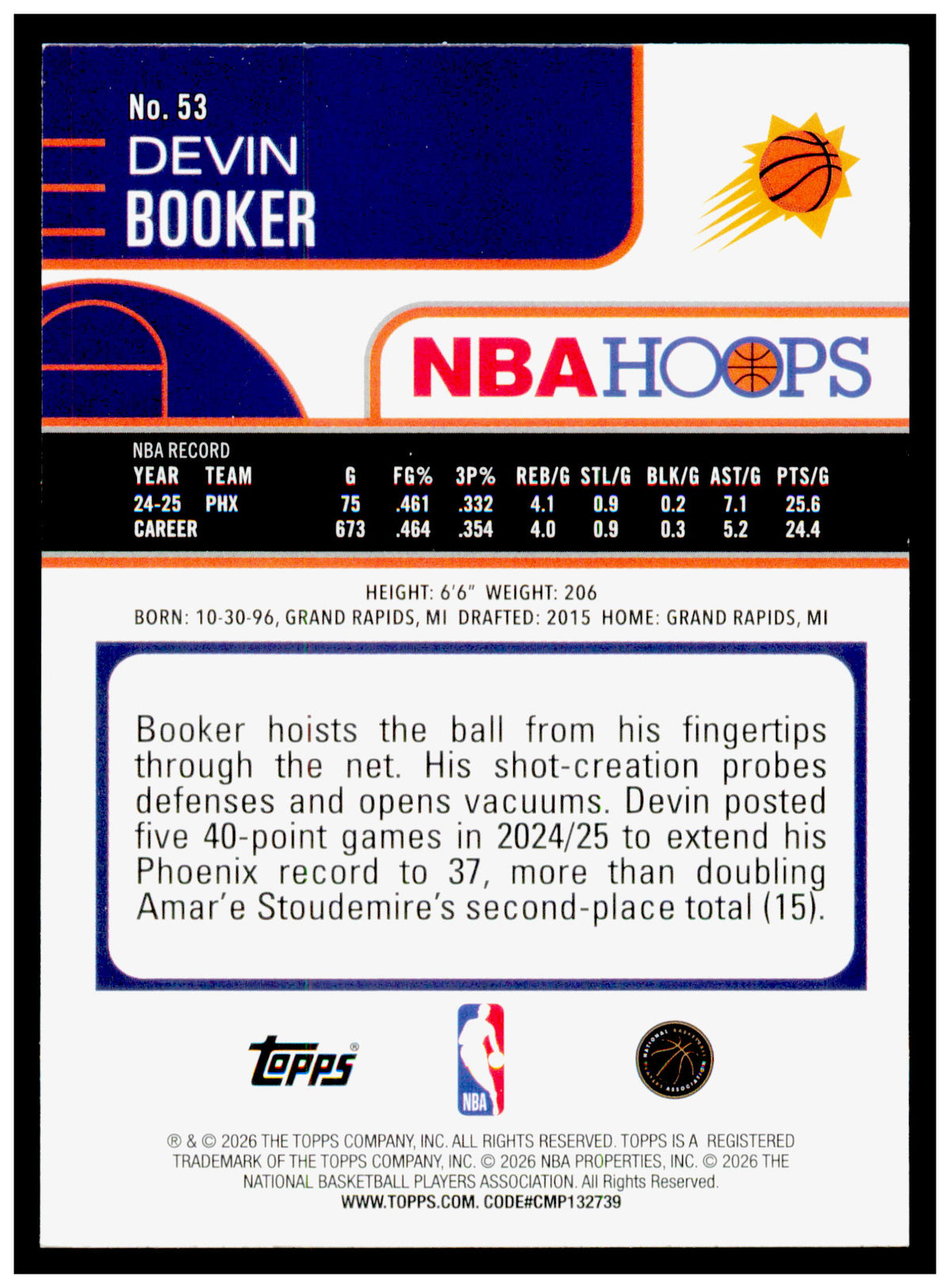 2025-26 Hoops Devin Booker Card Phoenix Suns