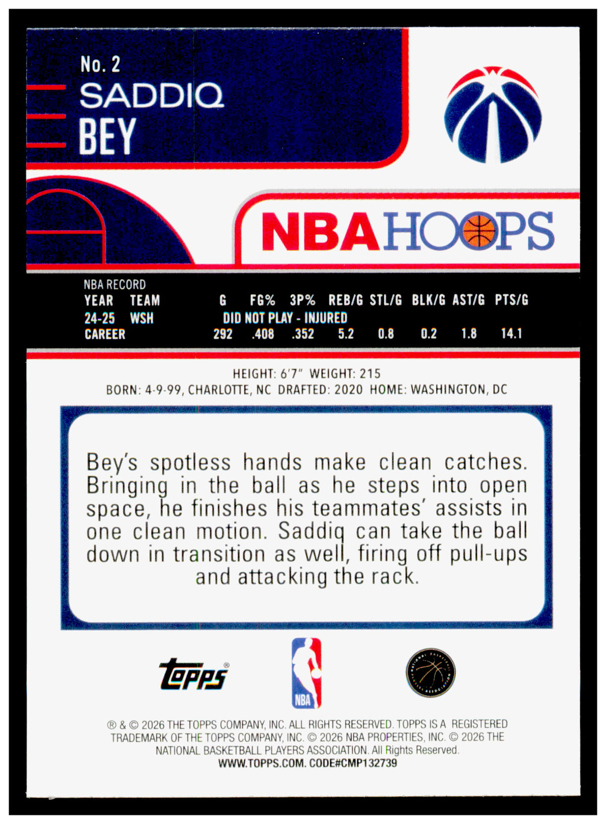 2025-26 Hoops Saddiq Bey Card Washington Wizards