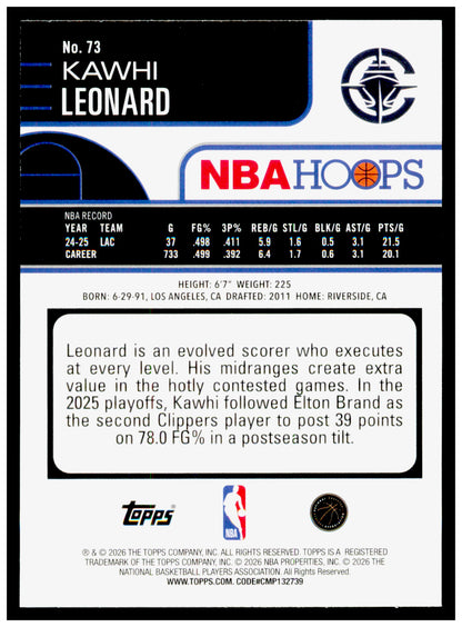2025-26 Hoops Kawhi Leonard Card Los Angeles Clippers
