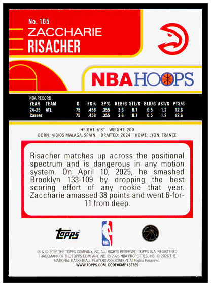 2025-26 Hoops Zaccharie Risacher Card Atlanta Hawks