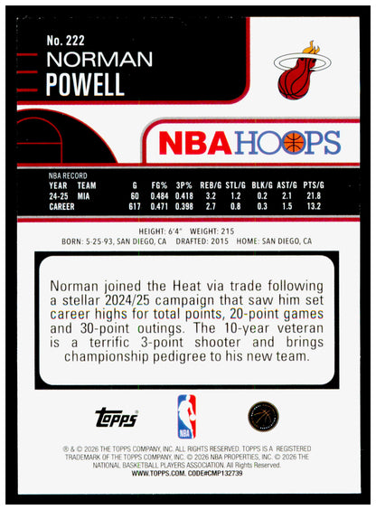 2025-26 Hoops Norman Powell Card Miami Heat