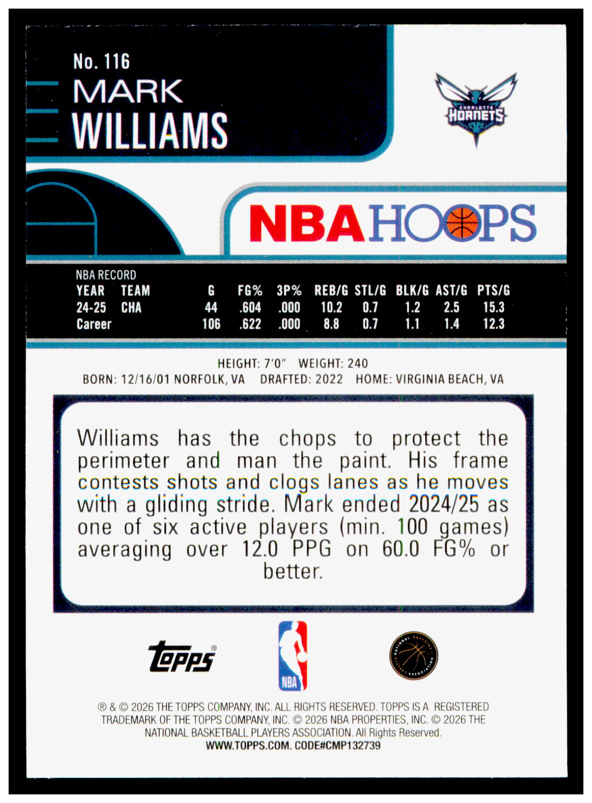 2025-26 Hoops Mark Williams Card Charlotte Hornets