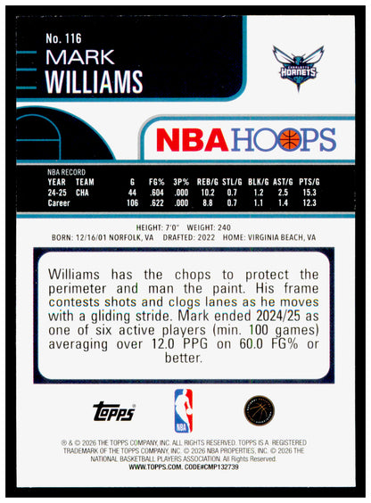 2025-26 Hoops Mark Williams Card Charlotte Hornets