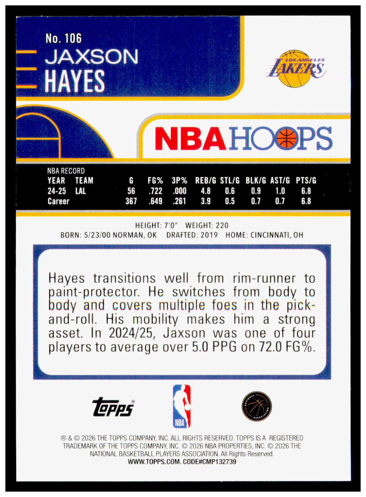 2025-26 Hoops Jaxson Hayes Card Los Angeles Lakers