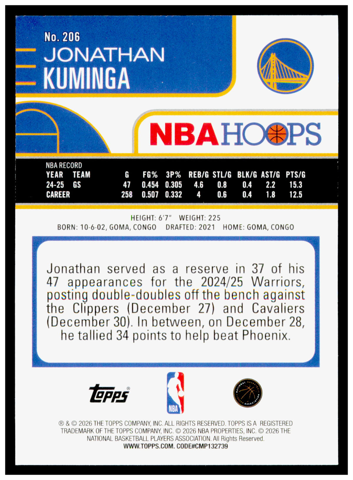 2025-26 Hoops Jonathan Kuminga Card Golden State Warriors