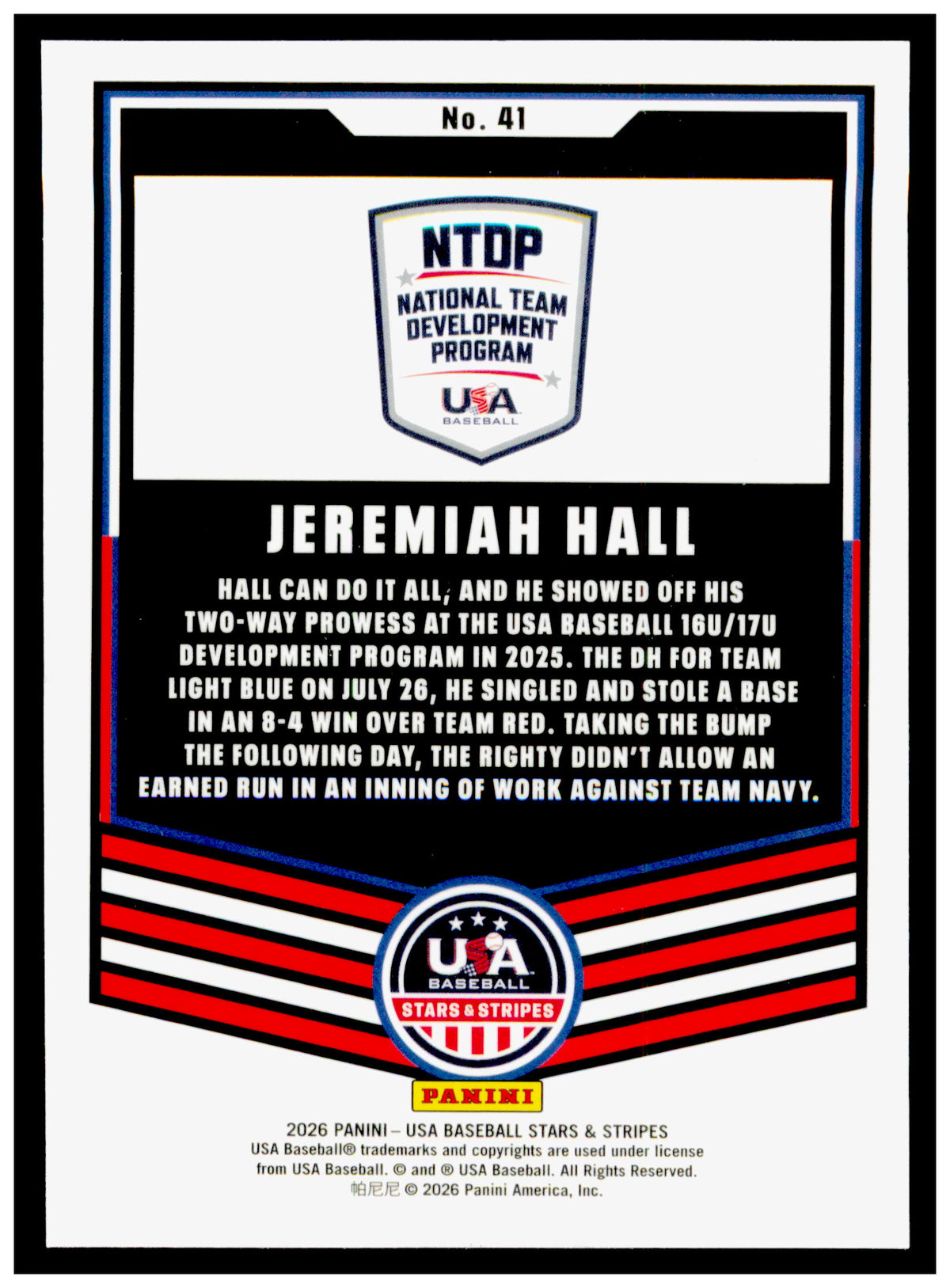 2026 Panini Stars & Stripes Prizm USA Baseball Jeremiah Hall Card usa