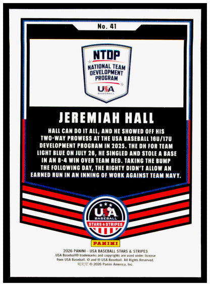2026 Panini Stars & Stripes Prizm USA Baseball Jeremiah Hall Card usa