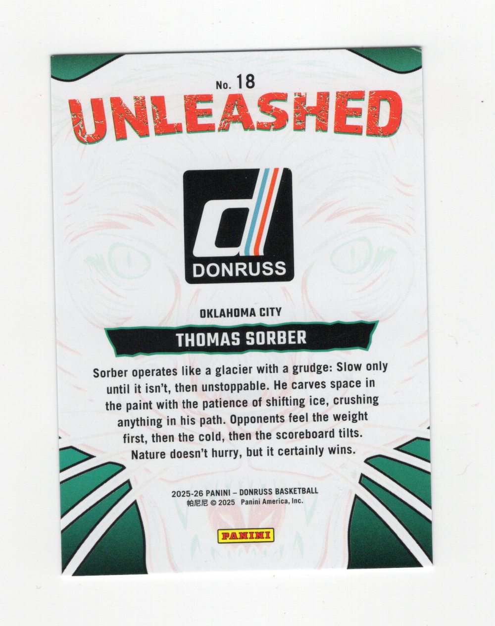 2025-26 Donruss Thomas Sorber Card Unleashed Oklahoma City Thunder