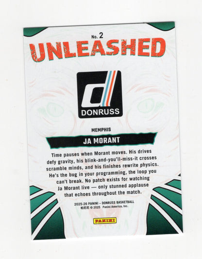 2025-26 Donruss Ja Morant Card Unleashed Holo Green Laser Memphis Grizzlies
