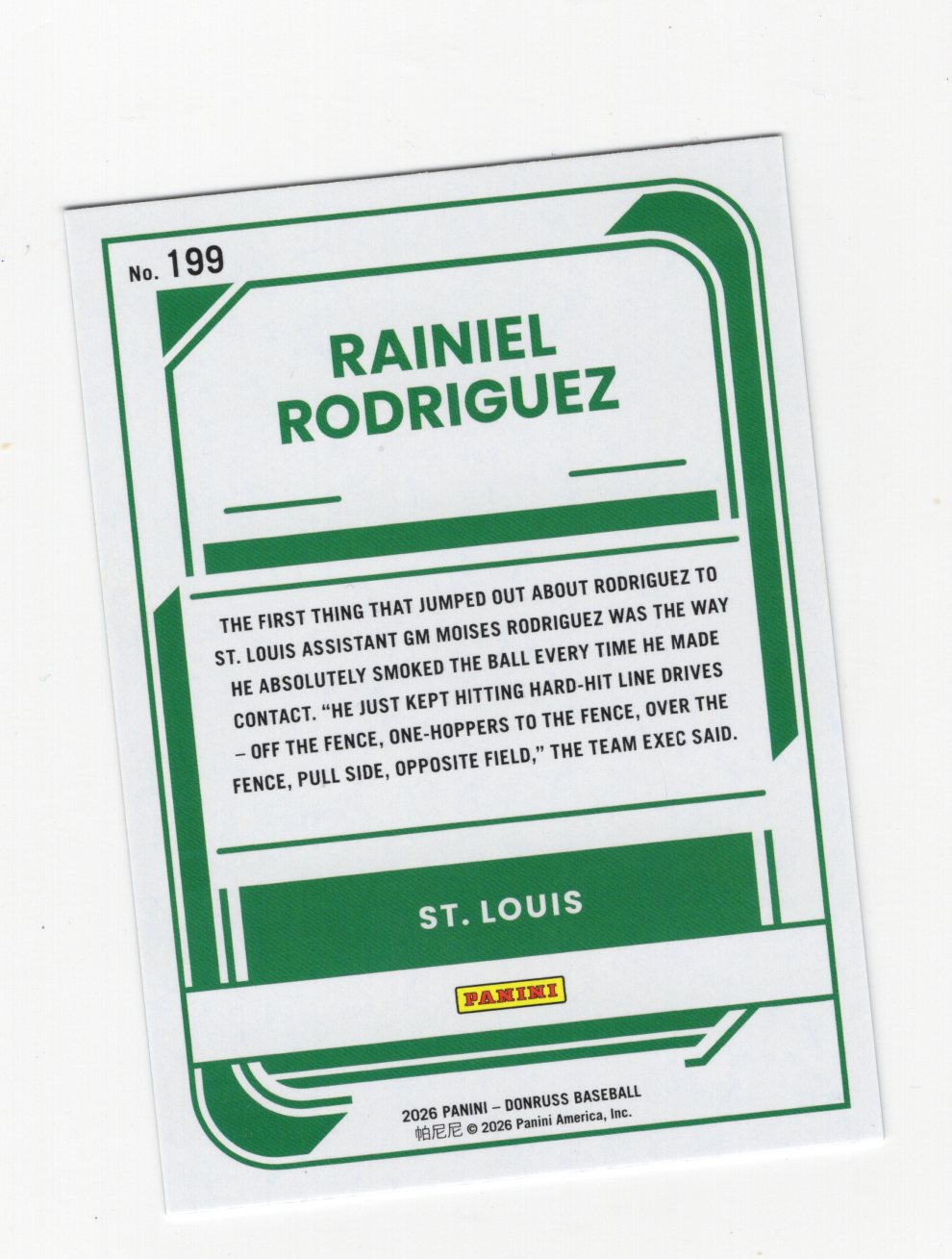 2026 Donruss Rainiel Rodriguez Card Green Laser St. Louis Cardinals