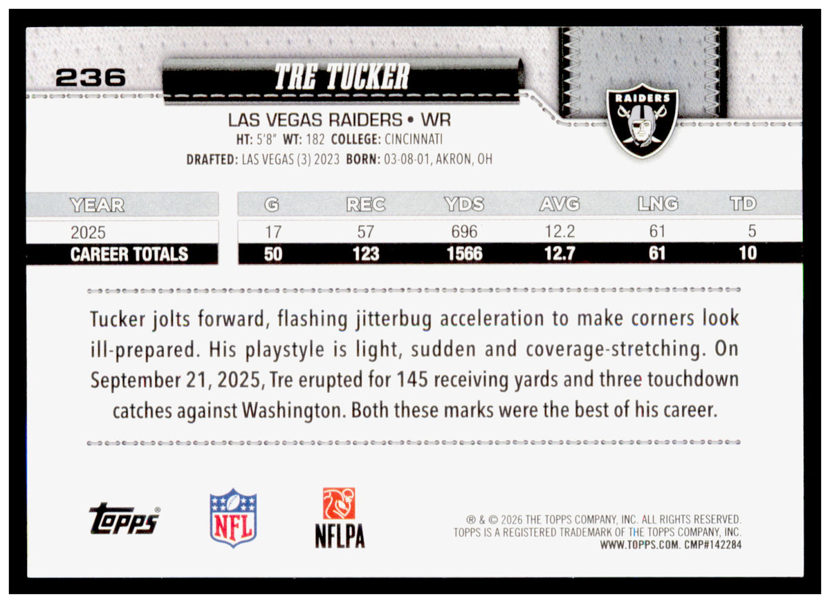 2026 Topps Flagship Tre Tucker Card Rainbow Foil Las Vegas Raiders