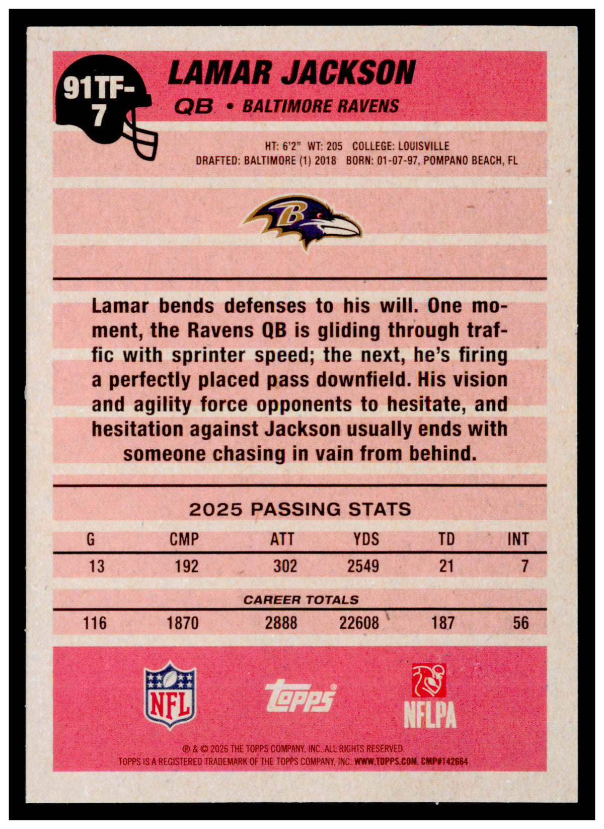 2026 Topps Flagship Lamar Jackson Card 1991 Topps Football Baltimore Ravens