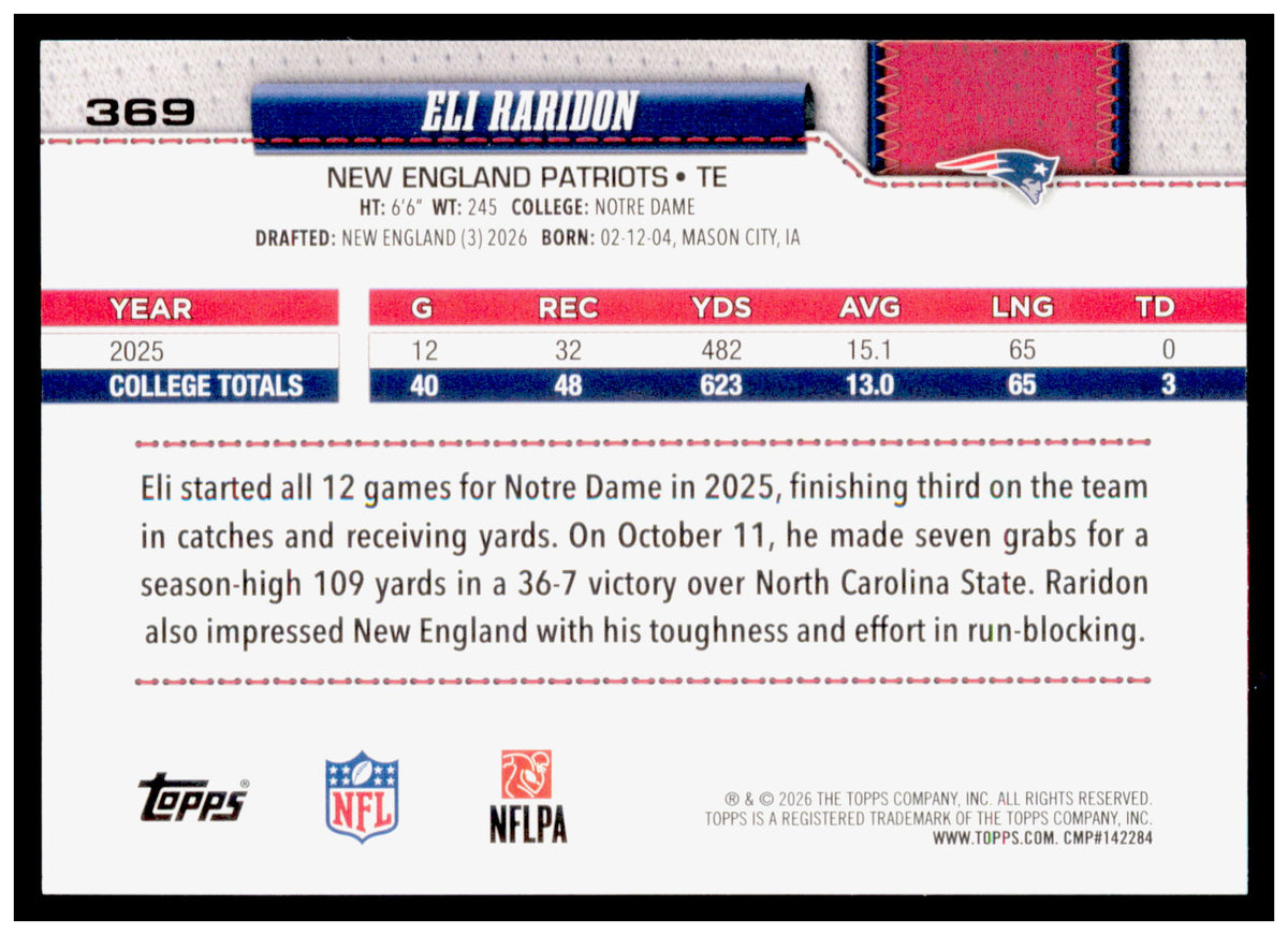 2026 Topps Flagship Eli Raridon Card Diamante Foil RC New England Patriots