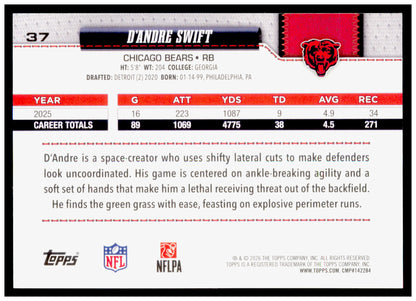 2026 Topps Flagship D’Andre Swift Card Diamante Foil Chicago Bears