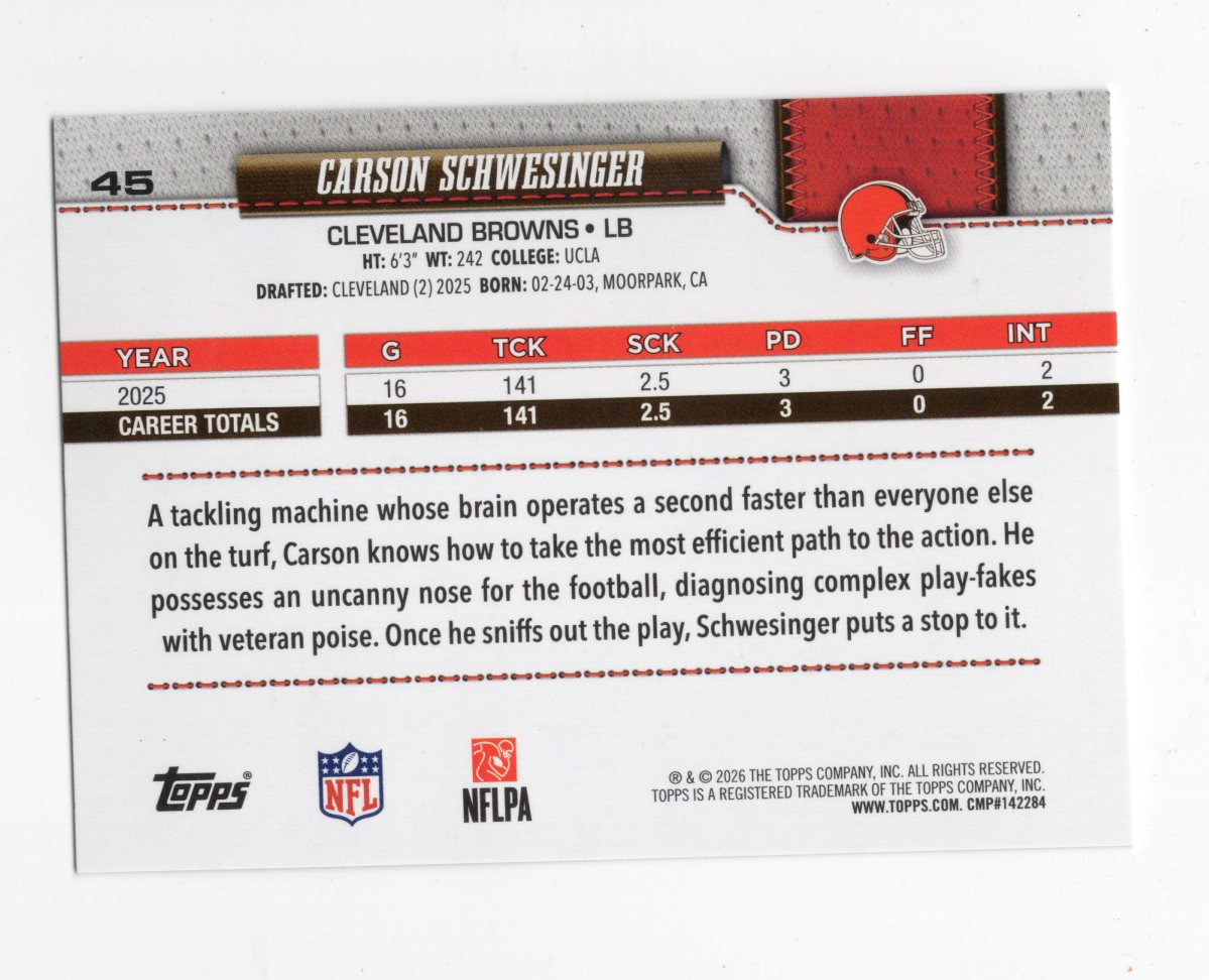 2026 Topps Flagship Carson Schwesinger Card Diamante Foil Cleveland Browns