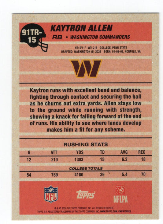 2026 Topps Flagship Kaytron Allen Card 1991 Topps Football Rookies