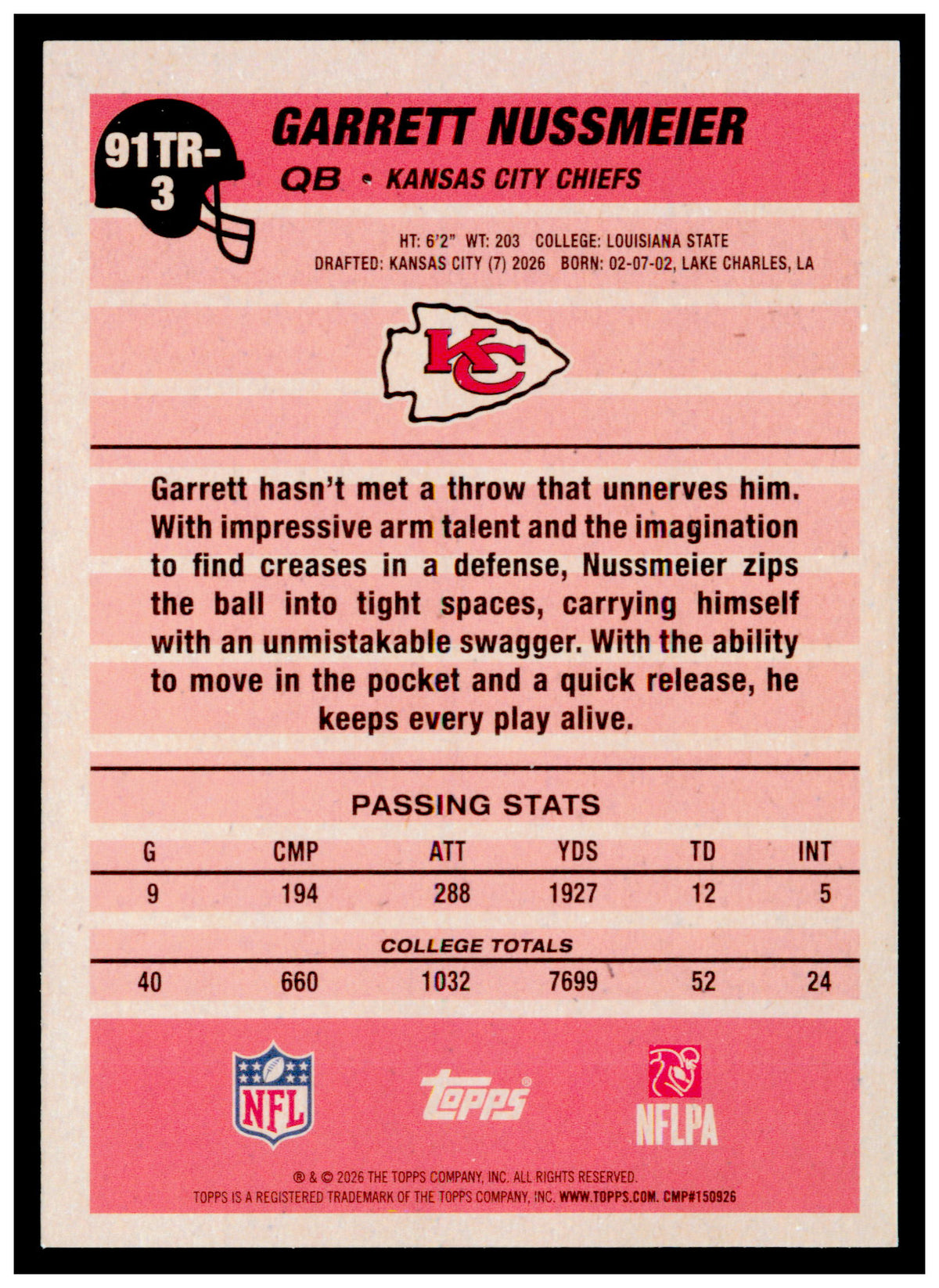 2026 Topps Flagship Garrett Nussmeier Card 1991 Topps Football Rookies