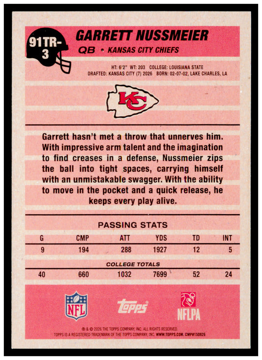 2026 Topps Flagship Garrett Nussmeier Card 1991 Topps Football Rookies