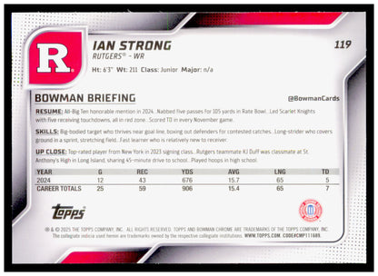 2025 Bowman University Chrome Ian Strong Card Rutgers Scarlet Knights