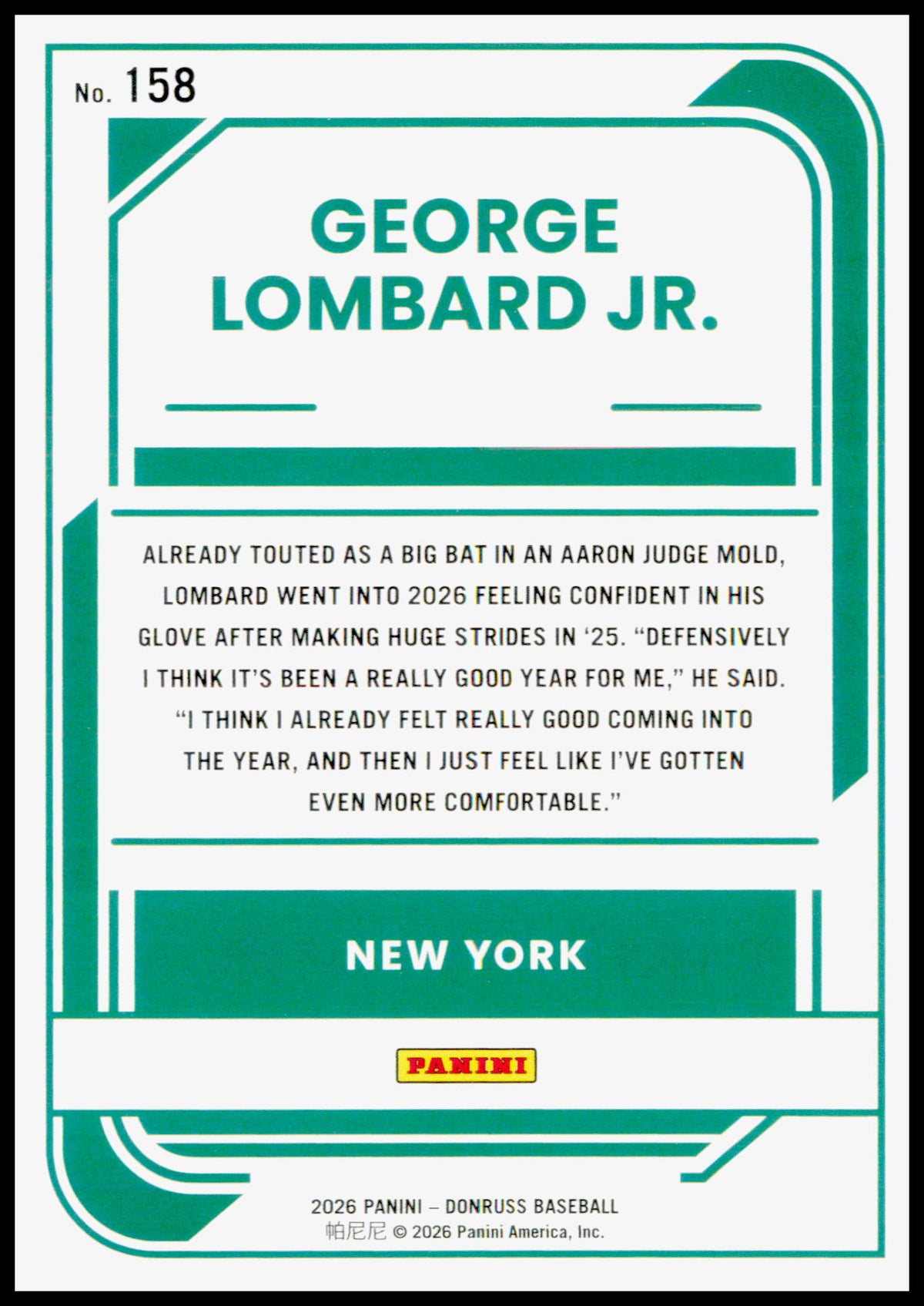 2026 Donruss George Lombard Jr. Card Rockets New York Yankees
