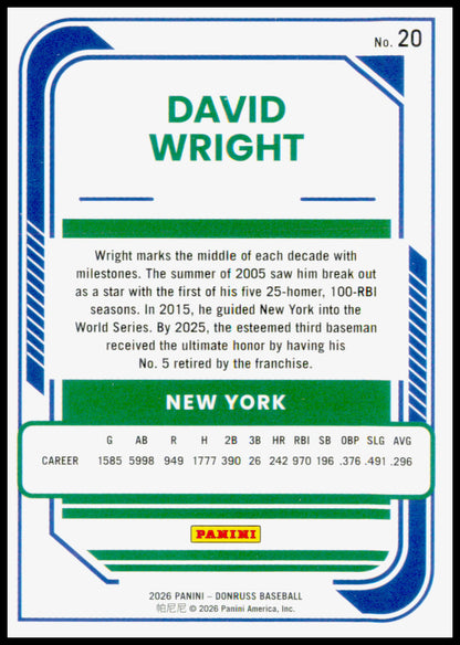 2026 Donruss David Wright Card Optic Holo New York Mets