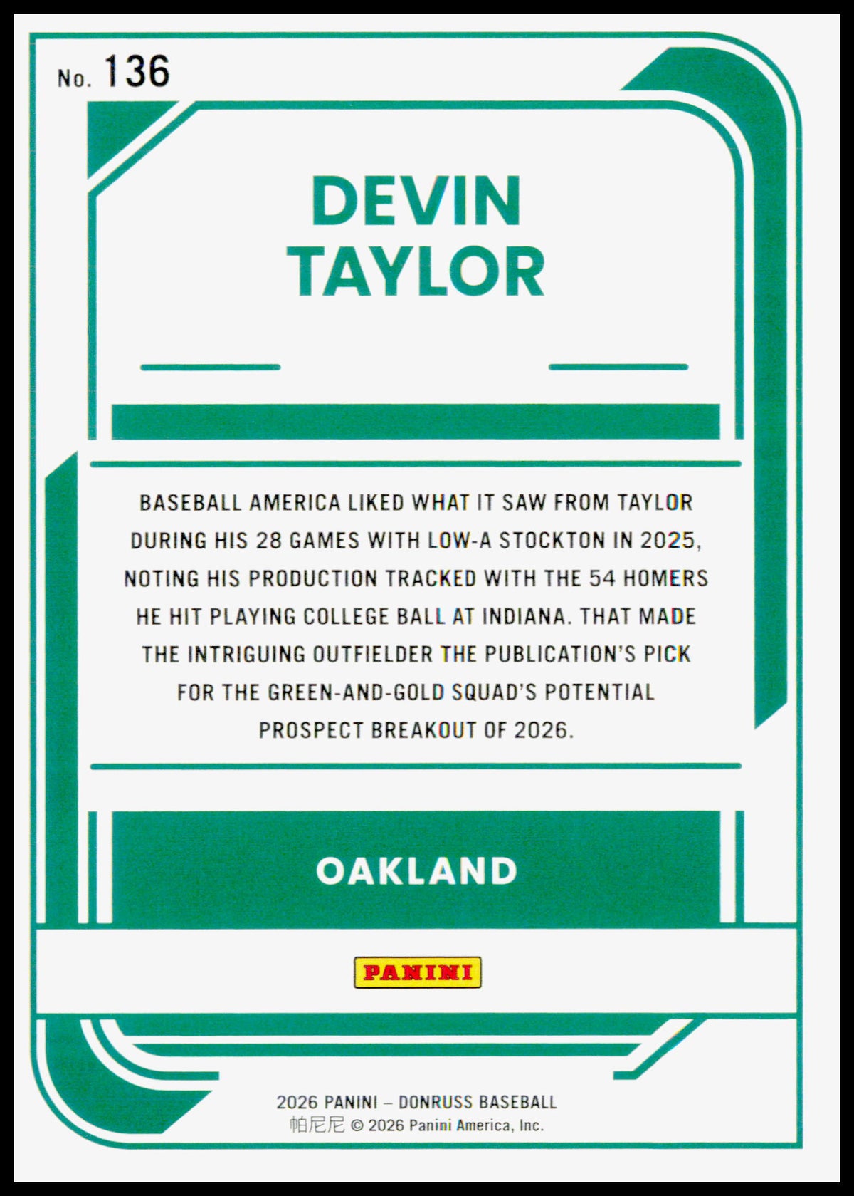 2026 Donruss Devin Taylor Card Rockets Athletics