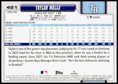 2026 Topps Taylor Walls Card Tampa Bay Rays