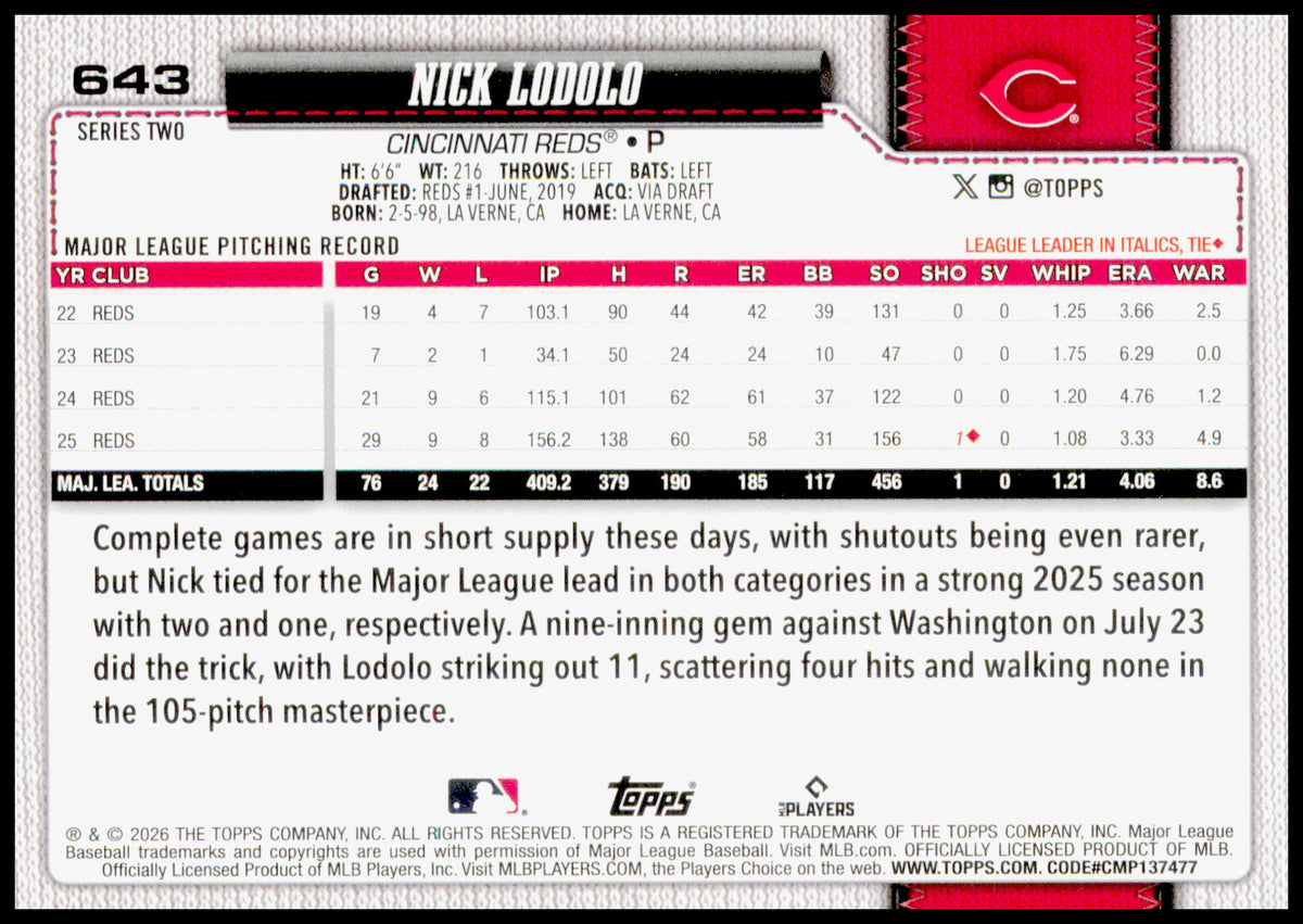 2026 Topps Nick Lodolo Card Cincinnati Reds