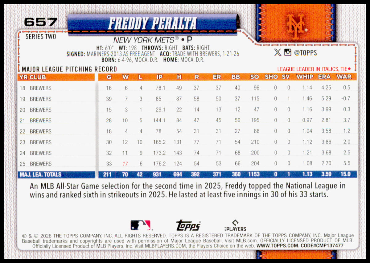 2026 Topps Freddy Peralta Card New York Mets