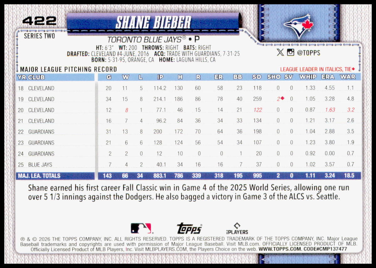 2026 Topps Shane Bieber Card Toronto Blue Jays