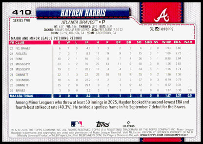 2026 Topps Hayden Harris Card RC Atlanta Braves