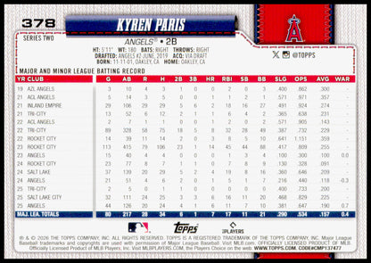 2026 Topps Kyren Paris Card Los Angeles Angels