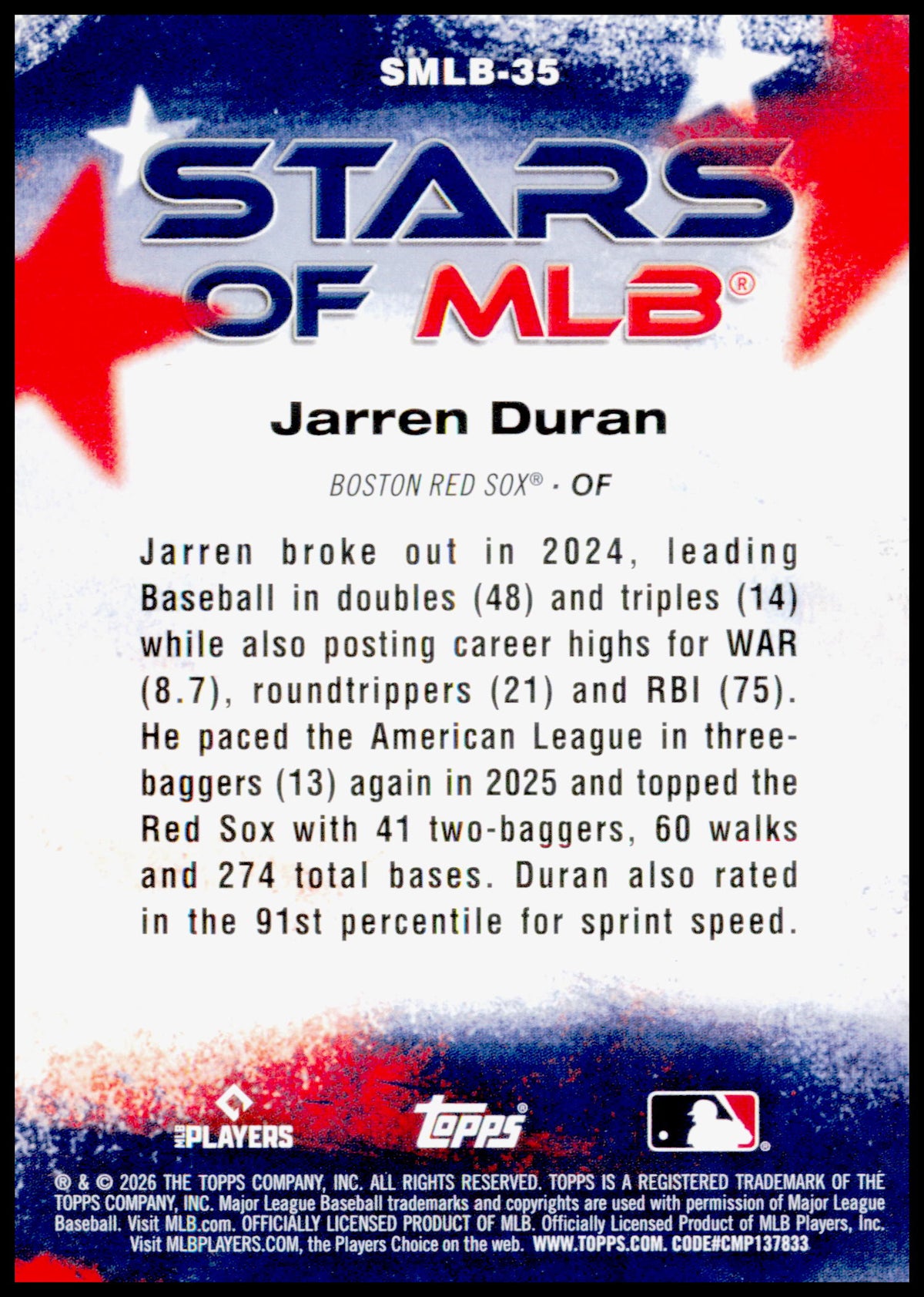 2026 Topps Jarren Duran Card Stars of MLB Boston Red Sox