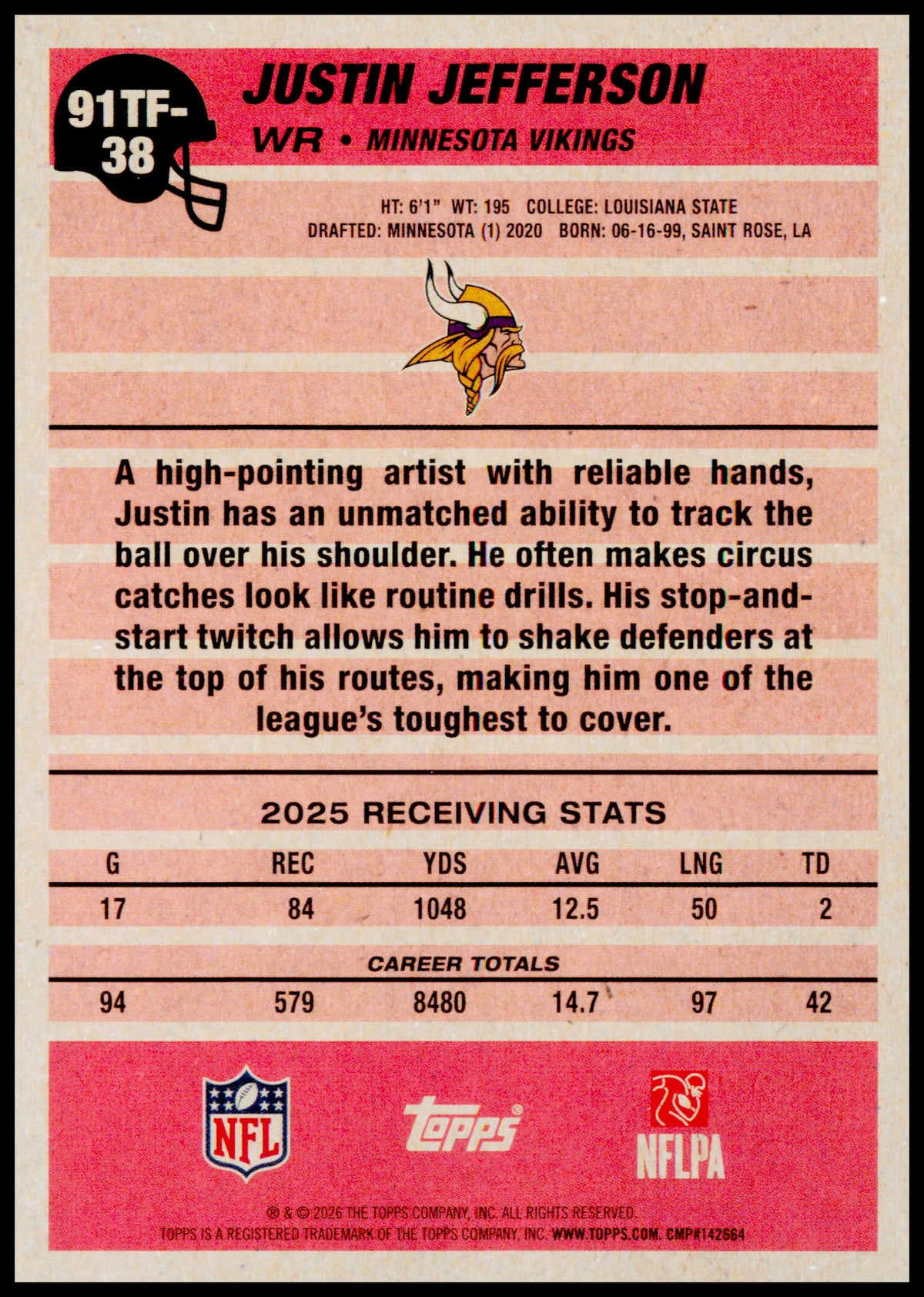 2026 Topps Flagship Justin Jefferson Card 1991 Topps Football Minnesota Vikings
