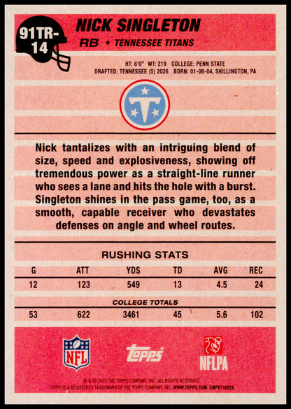 2026 Topps Flagship Nick Singleton Card 1991 Topps Football Rookies Titans