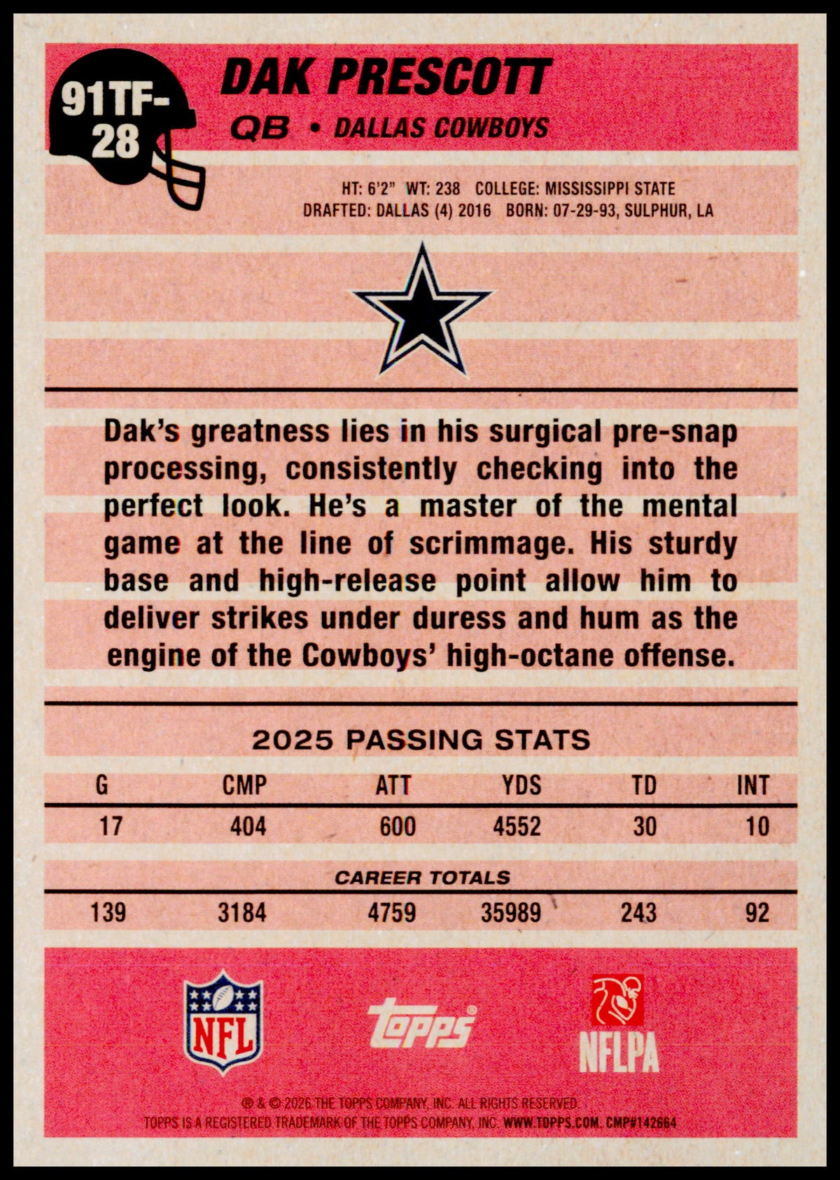 2026 Topps Flagship Dak Prescott Card 1991 Topps Football Dallas Cowboys