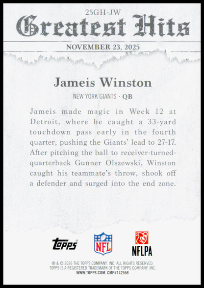 2026 Topps Flagship Jameis Winston Card 2025 Greatest Hits New York Giants